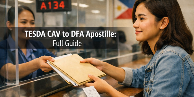 A Filipino woman submits documents at a government office counter to process her TESDA CAV before a DFA apostille.