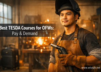 A Filipino welder in protective gear stands in a training workshop, representing TESDA courses that lead to overseas work.