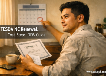 A Filipino tradesman checks his TESDA certificate against a calendar to plan his renewal date ahead of time.