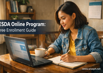 A young Filipino woman studies a free TESDA Online Program course on her laptop at home.