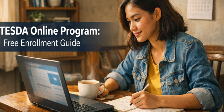A young Filipino woman studies a free TESDA Online Program course on her laptop at home.