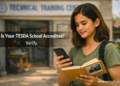 A Filipino student checks her phone to verify a training center's TESDA registration before enrolling.