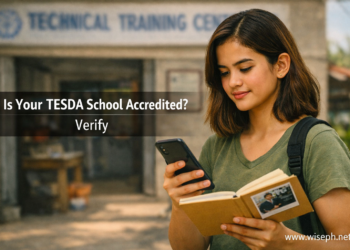 A Filipino student checks her phone to verify a training center's TESDA registration before enrolling.