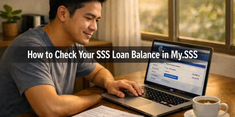 A Filipino man checks his SSS loan balance and contribution history on the My.SSS portal on his laptop at a home office desk.