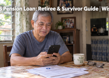 An elderly Filipino pensioner checks the SSS Pension Loan application on his phone at home.
