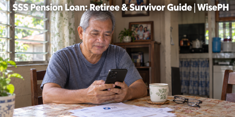 An elderly Filipino pensioner checks the SSS Pension Loan application on his phone at home.