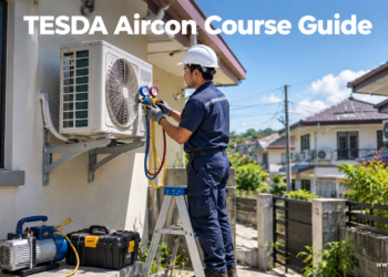 A Filipino aircon technician services a split-type air conditioner's outdoor unit as part of TESDA RAC Servicing training.