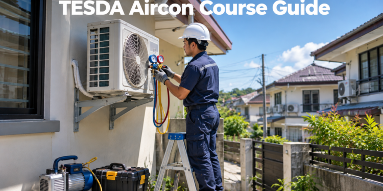 A Filipino aircon technician services a split-type air conditioner's outdoor unit as part of TESDA RAC Servicing training.