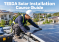 A Filipino technician in safety gear installs a solar panel on a residential rooftop as part of TESDA solar installation training.