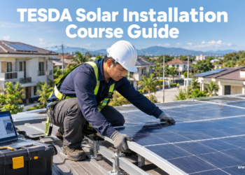 A Filipino technician in safety gear installs a solar panel on a residential rooftop as part of TESDA solar installation training.