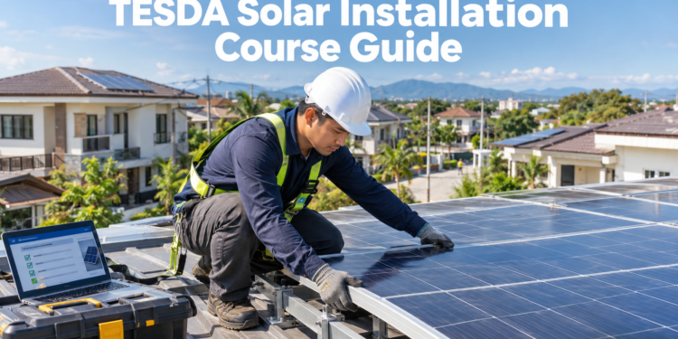 A Filipino technician in safety gear installs a solar panel on a residential rooftop as part of TESDA solar installation training.