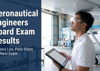 A young Filipino aeronautical engineer inspecting an aircraft wing in a hangar, with the title Aeronautical Engineers Board Exam Results.