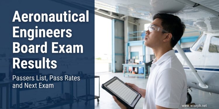 A young Filipino aeronautical engineer inspecting an aircraft wing in a hangar, with the title Aeronautical Engineers Board Exam Results.