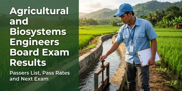 A young Filipino agricultural and biosystems engineer checking an irrigation gate beside rice fields, with the title Agricultural and Biosystems Engineers Board Exam Results.