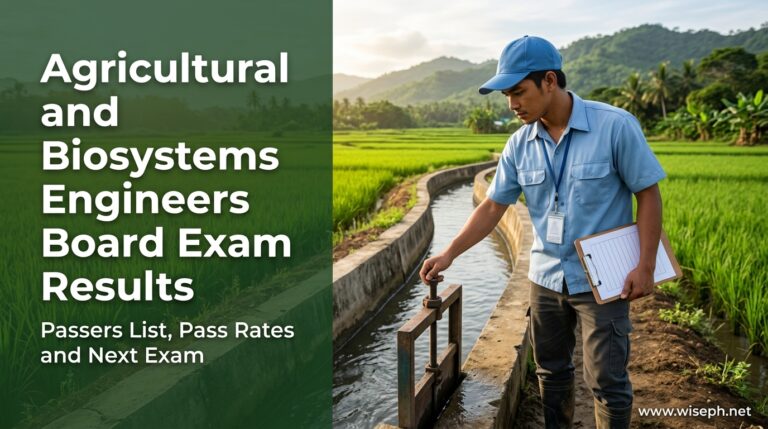 A young Filipino agricultural and biosystems engineer checking an irrigation gate beside rice fields, with the title Agricultural and Biosystems Engineers Board Exam Results.