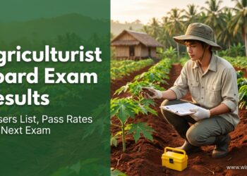 A Filipino agriculture graduate holding a soil sample on an upland farm with papaya and coffee plants, beside the text "Agriculturist Board Exam Results."