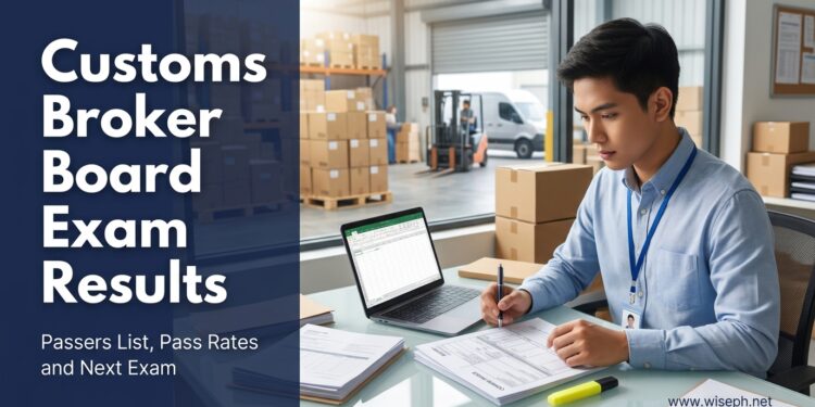 A Filipino customs broker reviewing import documents at a forwarding warehouse office, beside the text "Customs Broker Board Exam Results."
