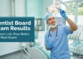 A young Filipino dentist adjusting a dental chair lamp in a bright clinic, beside the title Dentist Board Exam Results.