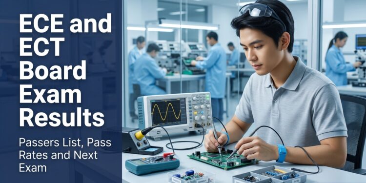 A Filipino electronics Engineers graduate testing a circuit board with oscilloscope probes in a lab, beside the text "ECE and ECT Board Exam Results."