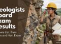 A young Filipino geologist studying layered rock on a cliff with a hand lens, with the title Geologists Board Exam Results.