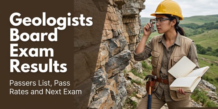 A young Filipino geologist studying layered rock on a cliff with a hand lens, with the title Geologists Board Exam Results.