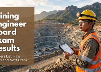 A young Filipino mining engineer in safety gear holds a tablet at the edge of an open mine.