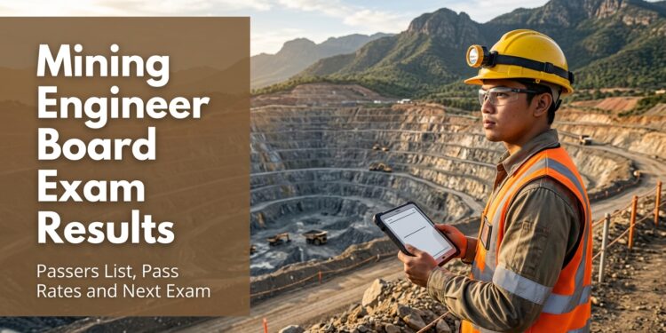 A young Filipino mining engineer in safety gear holds a tablet at the edge of an open mine.