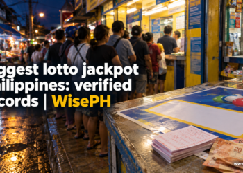 A long night queue stretches from a small lotto outlet onto the sidewalk, with a jackpot poster and lotto tickets on the counter.