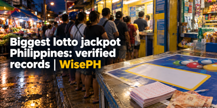 A long night queue stretches from a small lotto outlet onto the sidewalk, with a jackpot poster and lotto tickets on the counter.