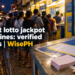 A long night queue stretches from a small lotto outlet onto the sidewalk, with a jackpot poster and lotto tickets on the counter.
