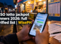 A person checks a printed list of lotto results while their phone shows a busy group chat full of voice notes.