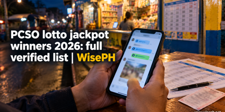 A person checks a printed list of lotto results while their phone shows a busy group chat full of voice notes.