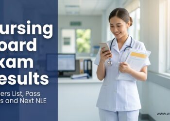 A Filipino nursing graduate in a white uniform checking a phone in a hospital corridor, beside the text "Nursing Board Exam Results."