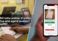 One hand holds a printed lotto ticket at an outlet counter while the other holds a phone showing a chat with a blurry ticket photo and a payment screen.