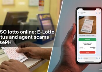 One hand holds a printed lotto ticket at an outlet counter while the other holds a phone showing a chat with a blurry ticket photo and a payment screen.