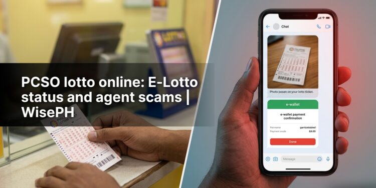 One hand holds a printed lotto ticket at an outlet counter while the other holds a phone showing a chat with a blurry ticket photo and a payment screen.