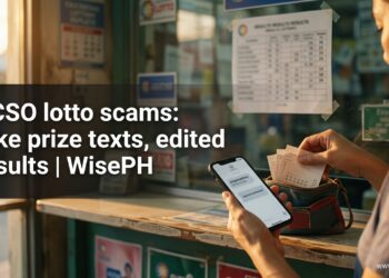 A woman at a lotto outlet compares a "congratulations" prize message on her phone with the paper lotto tickets from her bag.