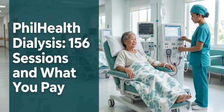 An elderly Filipina patient rests in a dialysis chair while a nurse checks the hemodialysis machine.