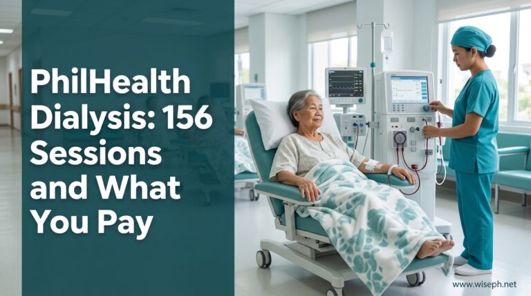 An elderly Filipina patient rests in a dialysis chair while a nurse checks the hemodialysis machine.