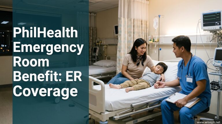 A Filipino mother sits with her child on an emergency room bed while a nurse checks the child.