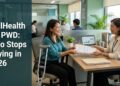 A Filipino employee with a forearm crutch hands PhilHealth forms to an HR officer at an office desk.