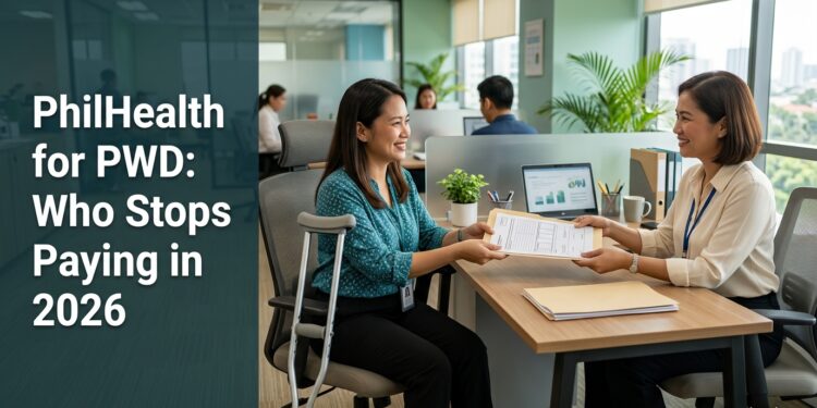A Filipino employee with a forearm crutch hands PhilHealth forms to an HR officer at an office desk.