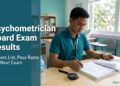 A young Filipino psychometrician preparing a test session at a school guidance office desk.
