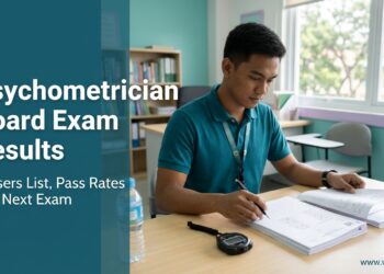 A young Filipino psychometrician preparing a test session at a school guidance office desk.