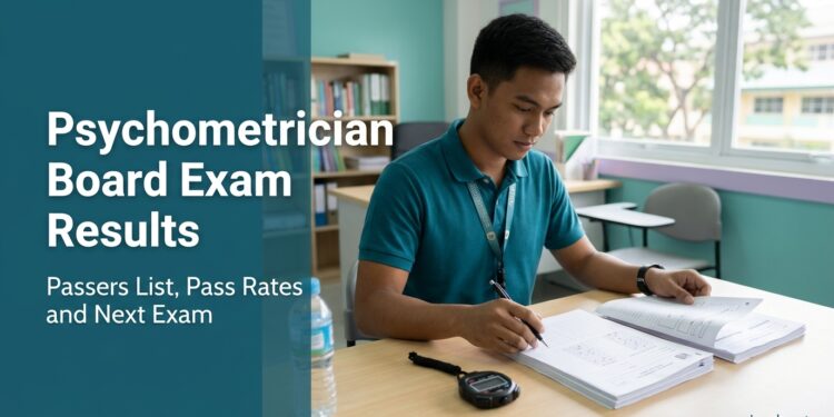 A young Filipino psychometrician preparing a test session at a school guidance office desk.