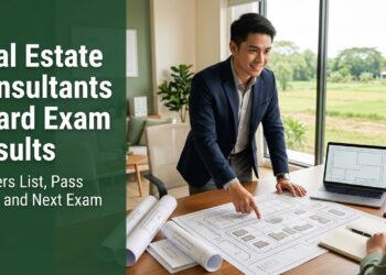A young Filipino real estate consultant pointing at a site plan on a meeting table, with the title Real Estate Consultants Board Exam Results.