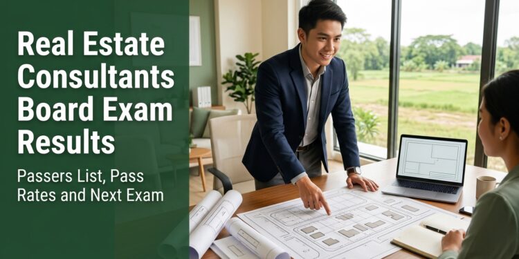 A young Filipino real estate consultant pointing at a site plan on a meeting table, with the title Real Estate Consultants Board Exam Results.