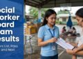 A Filipino social worker with a clipboard checking names at a barangay evacuation center, beside the text "Social Worker Board Exam Results."