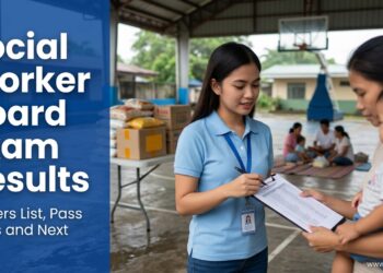 A Filipino social worker with a clipboard checking names at a barangay evacuation center, beside the text "Social Worker Board Exam Results."