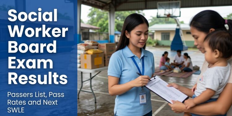 A Filipino social worker with a clipboard checking names at a barangay evacuation center, beside the text "Social Worker Board Exam Results."